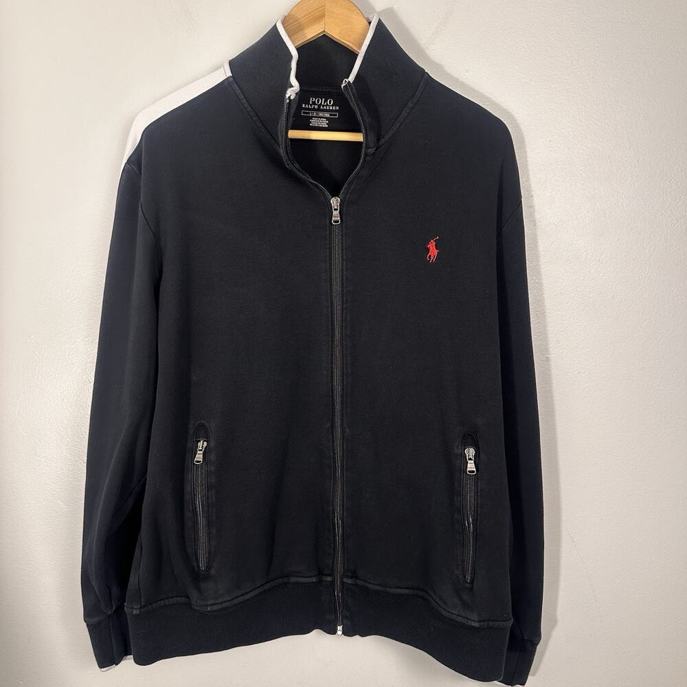 Classic Preppy Polo by Ralph Lauren Black Full Zip Track Jacket & Red Logo Sz L